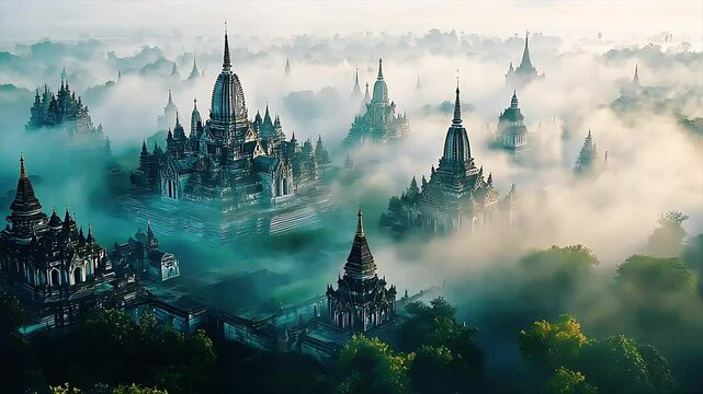 Misty ancient temples surrounded by lush green forest in the early morning light.
