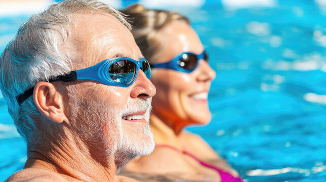 Active senior couple enjoying water exercises in pool for health and wellness
