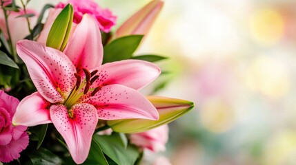 Fototapeta premium Close-up of pink lily and rose bouquet for floral decoration and event arrangement