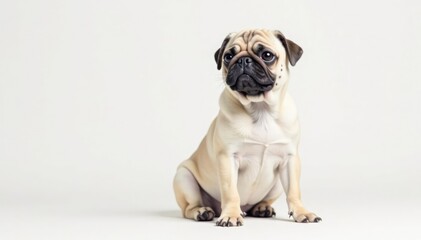 Adorable pug dog sits alone on white background, wrinkles, small dog, happy