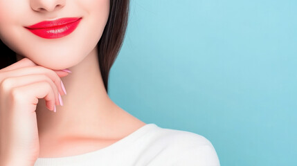 Naklejka premium Elegant portrait of a stylish young woman touching chin on blue background for beauty and fashion design