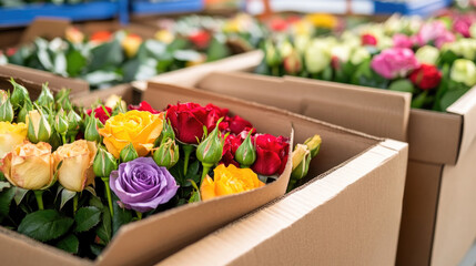Close up of colorful flower arrangement in cardboard boxes for decorations and events