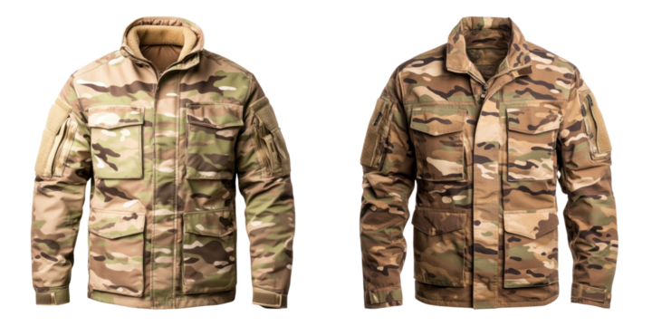 Tactical military jackets featuring camouflage patterns and multiple pockets for functionality and . Ideal for outdoor