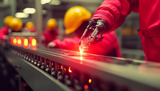 Automated robotic arm performing precision work production line, showcasing advanced technology factory setting. Workers safety gear oversee process, highlighting innovation and efficiency