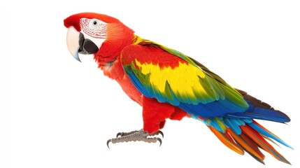 Fototapeta premium Vibrant macaw parrot displaying multicolored feathers on pure white background for nature and wildlife enthusiasts