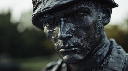 Fototapeta premium Bronze soldier statue with helmet outdoors against blurred background representing