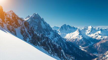 Breathtaking mountain landscape featuring snow covered peaks under clear blue sky, showcasing beauty of nature and tranquility of winter. sunlight adds warmth to scene