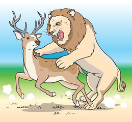 Lion hunting prey, Lion catching a deer, Freehand cartoon