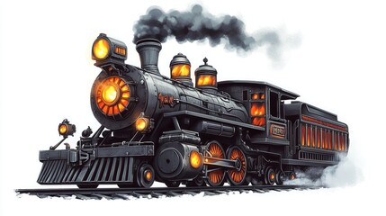 Obraz premium Vintage steam locomotive with glowing lights.