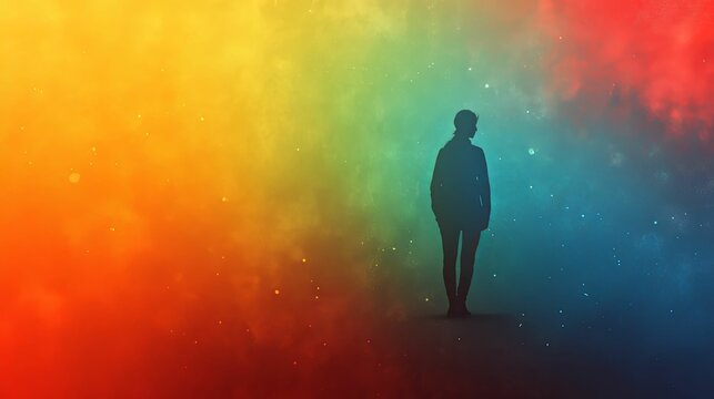 A person standing silhouetted against a colorful cloudy background