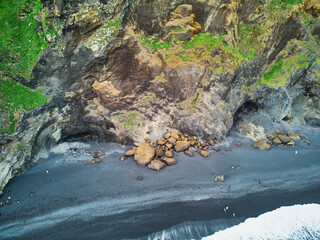 Aerial scenic view of Reynisfjara black sand beach near Vik in Southern Iceland.