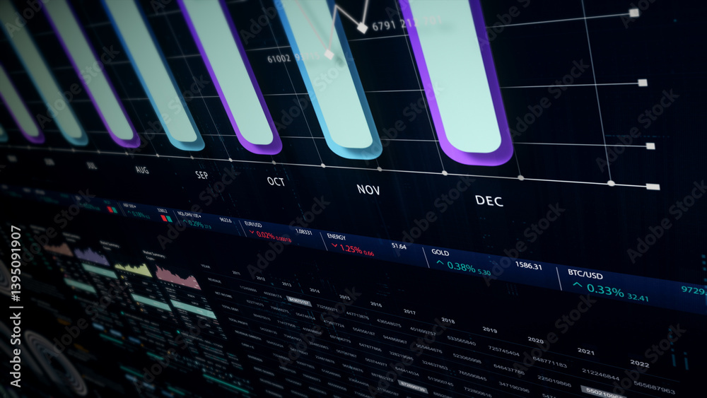Fototapete Dynamic data visuals for business info graphics, animated charts, and data-driven insights for a business meeting mock-up. Explore the world of trading, stock exchanges, and crypto