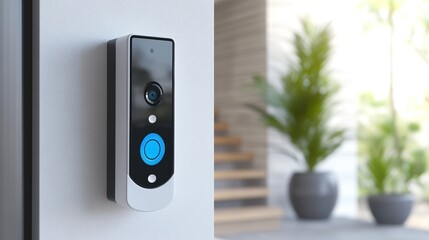 Smart doorbell mounted on a white wall.