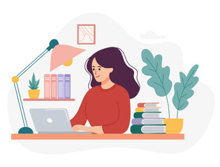 Young woman working on laptop at desk surrounded by books, plants and  lamp. Cozy home office or study environment. Perfect for education, remote work or freelancing themes. Vector flat illustration.