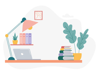 Vector illustration of a modern home office desk setup with laptop, books, houseplants, desk lamp, and bookshelf. Minimalist and clean design. Perfect for education, remote work, or blogging themes