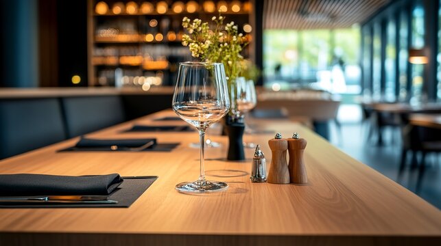 An elegant restaurant table setting awaits discerning diners, showcasing a pristine wine glass and sleek place settings in a warm, softly lit atmosphere.