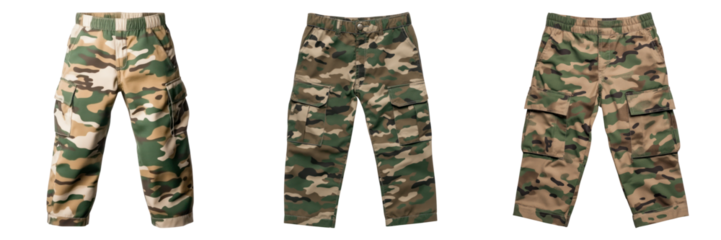 Camo cargo pants in various and colors, perfect for outdoor activities and military inspired fashion