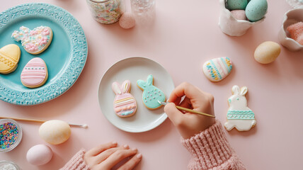 Person decorating Easter cookies with icing on pink background with plates of cookies and sprinkle containers