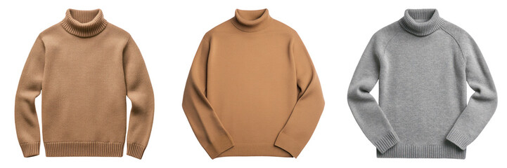 Soft turtleneck sweaters in beige, camel, and gray colors, perfect for cozy layering in cool weather