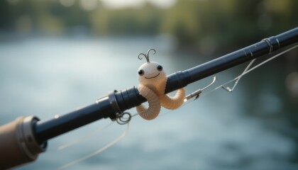 Adorable Handmade Worm Bait on Fishing Rod by River