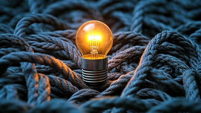 Illuminated filament lightbulb resting amongst tangled gray nautical ropes casting dim and warm light.