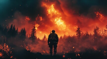 Fototapeta premium Person stands before a forest fire with flames and smoke