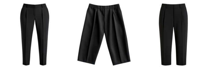 Sleek monochrome trousers with modern appeal, showcasing various and fits for versatile fashion choices