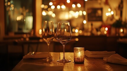 An intimate candlelit dinner for two, featuring elegant wine glasses and warm golden lighting on a rustic wooden table.