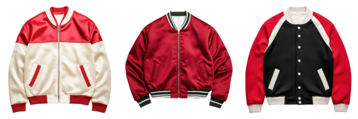 Sleek satin varsity jackets in red and cream colors, featuring stylish embroidered details and contrasting trims