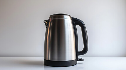 Sleek stainless steel electric kettle with a black handle sitting on a white surface against a neutral background.