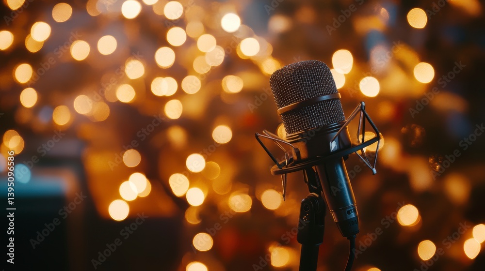 Poster close-up of a microphone on a stand against a warm, blurry bokeh background of lights.