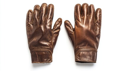 Pair of brown leather gloves on white background.