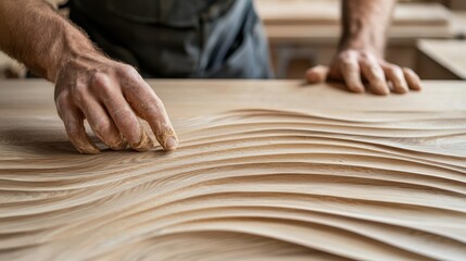 A craftsman shapes intricate wood patterns, showcasing skillful handwork on a smooth, wavy wooden surface.