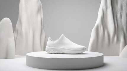A sleek, minimalist white sneaker displayed on a circular pedestal against a textured, icy backdrop.