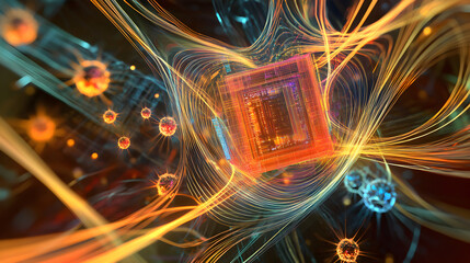 image of a computer chip surrounded by quantum particles and intertwined lines, visualizing the quantum computing process and qubits 