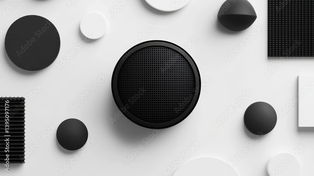 Aufkleber top view of a black circular speaker surrounded by monochrome geometric shapes on a white background