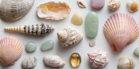 Assortment of seashells and polished stones on white background, showcasing natural textures and calming colors, suggesting relaxation and beach themes