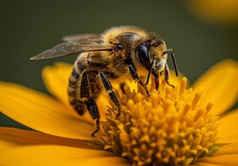 Fototapeta premium Busy Bee Gathers Pollen Soft Golden Light. AI Generated