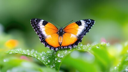 Naklejka premium Vibrant butterfly perched on dewy leaf