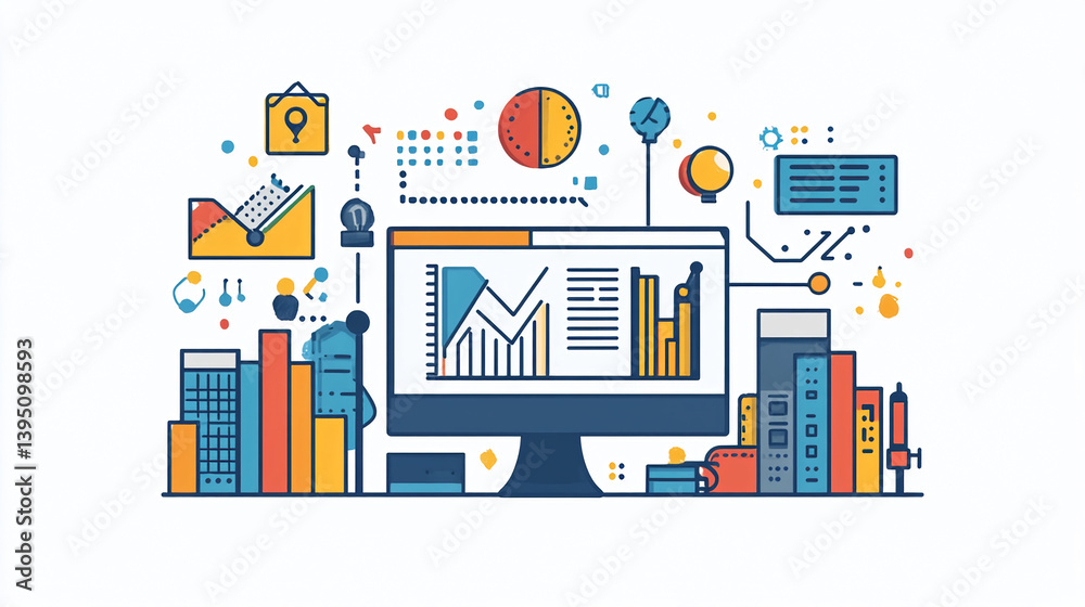 Poster data analytics dashboard visualization and reporting business intelligence and insights vector art