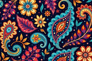 Intricate paisley floral pattern in vibrant hues, wallpaper, dark, abstract