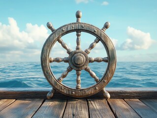 Rustic wooden ship wheel sits on a weathered dock overlooking a calm ocean under a partly cloudy sky. Perfect for nautical themed projects.