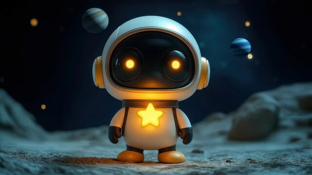 Cute Chibi Astronaut on a Moonlit Surface with Stars and Planets in the Background