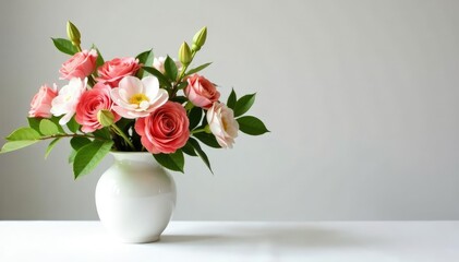 Naklejka premium Isolated branches in a vase on white tablecloth with fresh flowers, arrangement, flowers, table