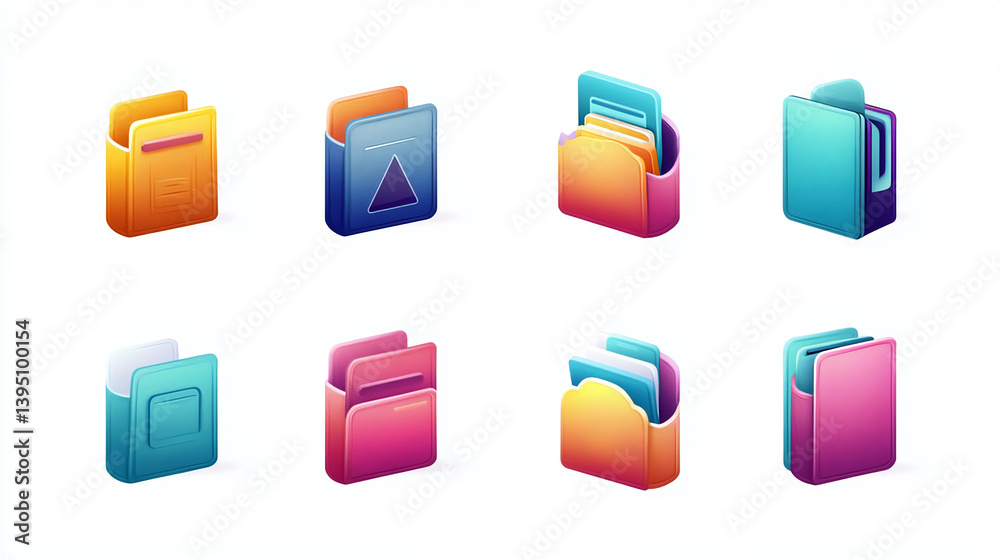Poster colorful folder icons set for document management and file organization in digital design and interf