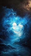 Obraz premium Epic wave formation glowing in deep ocean with mystical light and surreal sea tunnel view