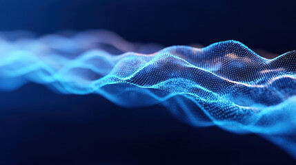A mesmerizing wave of blue particles simulating sound or data visualization, set against a dark background.