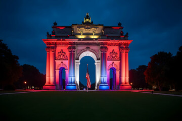Fototapeta premium Illuminated Historical Monument, A Majestic Arch Adorned with Intricate Architectural Details, Bathed in Patriotic Red, White, and Blue Light at Twilight