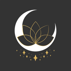 Celestial emblem with lotus flower on crescent decorated with stars. Magical esoteric boho symbol. Vector illustration