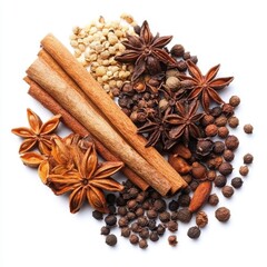 Arrangement of cinnamon sticks, star anise, and peppercorns spices on isoleted white  background